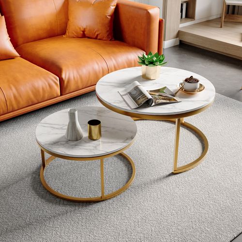 Tables Basses Gigognes Rondes, Lot De 2 Table Basse Ronde Avec Structure En Métal Effet Marbre, Doré