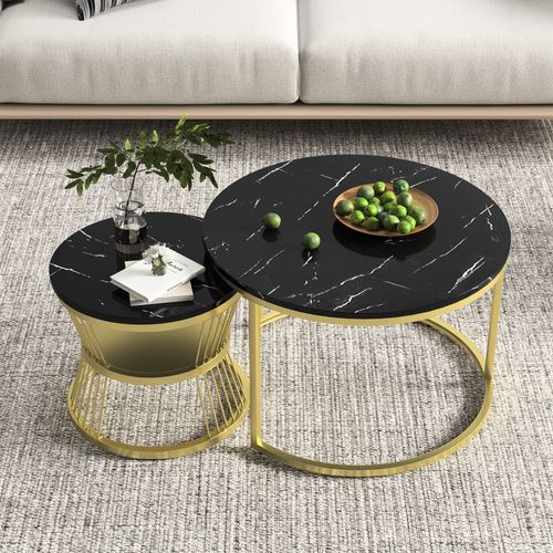 Lot De 2 Tables Basses Gigognes Rondes Avec Espace De Rangement, Structure En Métal, 70/45cm, Noir