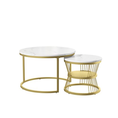 Lot De 2 Tables Basses Gigognes Rondes Avec Espace De Rangement, Structure En Métal, 70/45cm, Doré