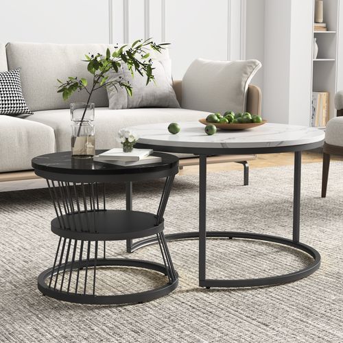 Lot De 2 Tables Basses Gigognes Rondes Avec Espace De Rangement, Structure En Métal, 70/45cm, Blanc