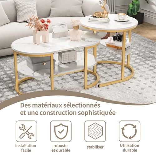 Lot De 2 Tables Basses, Avec Cadre En Métal Et Étagère, Table De Salon Moderne Pour Salon, Doré