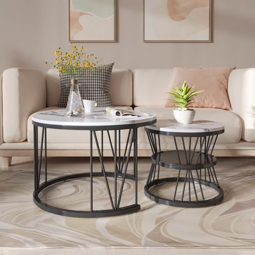 Lot De 2 Tables Basses Rondes Aspect Marbre Avec Cadre En Métal - Table D'appoint Pour Salon, Noir