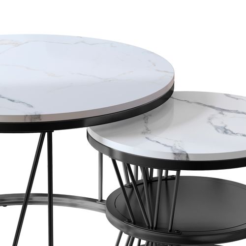 Lot De 2 Tables Basses Rondes Aspect Marbre Avec Cadre En Métal - Table D'appoint Pour Salon, Noir