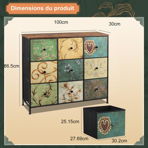 Meuble De Rangement 9 Tiroirs, Structure En Métal, Multicolore