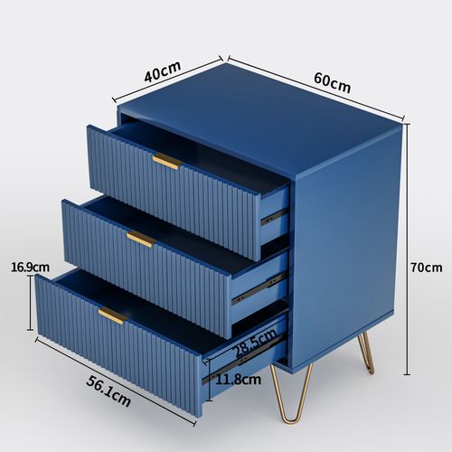 Commode Avec 3 Tiroirs, 60 X 40 X 70 Cm, Bleu