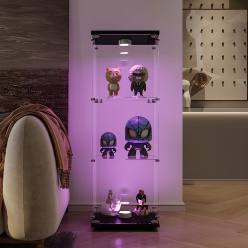 Vitrine Avec Verre , Éclairage LED Avec 1 Porte Et 3 Compartiments, 125 X 40 X 36 Cm , Noir