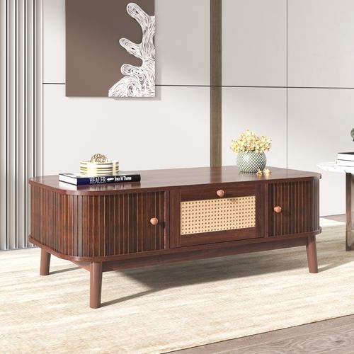 Table Basse Avec Tiroirs Et Portes Coulissantes, Table De Salon Avec Espaces De Rangement, Marron