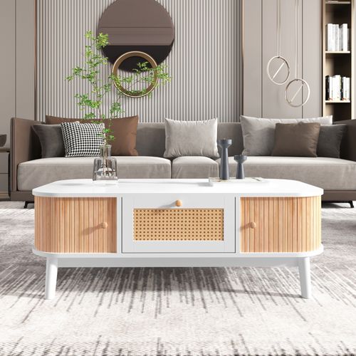 Table Basse Avec Tiroirs Et Portes Coulissantes, Table De Salon Avec Espaces De Rangement, Blanc