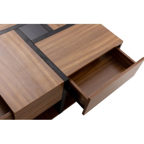 Table Basse De Salon, Avec 4 Tiroirs, Moderne, Avec Deux Étagères, Design Unique, Noir + Bois