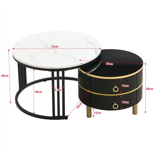 Lot De 2 Tables Basses Rondes Avec Placage En Marbre, Table D'appoint Brillante Avec Tiroirs, Noir