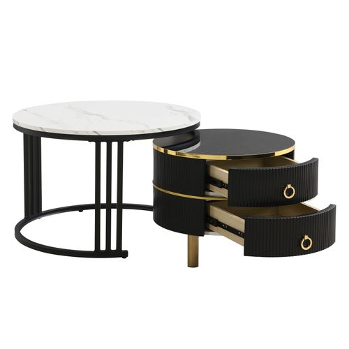 Lot De 2 Tables Basses Rondes Avec Placage En Marbre, Table D'appoint Brillante Avec Tiroirs, Noir