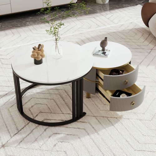Lot De 2 Tables Basses Rondes Modernes Avec Placage En Marbre Brillant Avec 2 Tiroirs, Gris
