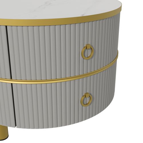 Lot De 2 Tables Basses Rondes Modernes Avec Placage En Marbre Brillant Avec 2 Tiroirs, Gris