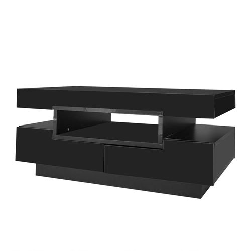 Table Basse Moderne LED Blanc, Meuble De Salon Table Basse Coffre Avec Quatre Tiroirs, Noir