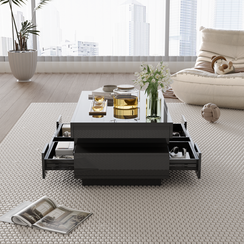 Table Basse Moderne LED Blanc, Meuble De Salon Table Basse Coffre Avec Quatre Tiroirs, Noir