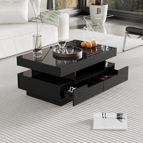Table Basse Moderne LED Blanc, Meuble De Salon Table Basse Coffre Avec Quatre Tiroirs, Noir