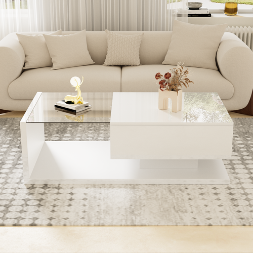 Table Basse Salon Moderne,avec 1 Tiroir Et LED,table De Salon Avec Plateau En Verre, Blanc