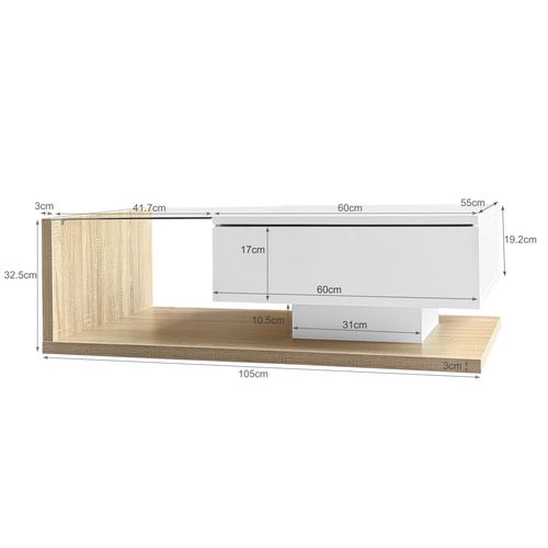 Table Basse Salon Moderne,avec 1 Tiroir Et LED,table De Salon Avec Plateau En Verre, Couleur Bois