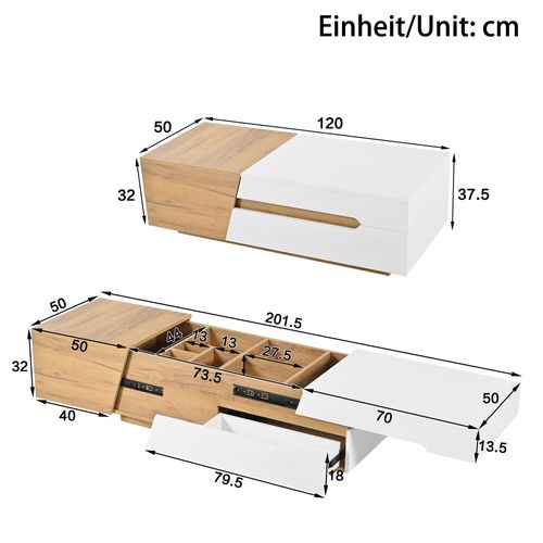 Table Basse Extensible Avec Espace De Rangement Intégré Et Tiroirs, Blanc + Couleur Bois