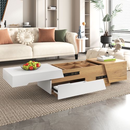 Table Basse Extensible Avec Espace De Rangement Intégré Et Tiroirs, Blanc + Couleur Bois
