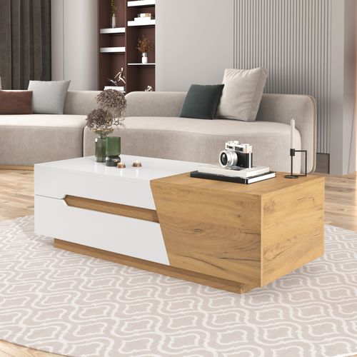 Table Basse Extensible Avec Espace De Rangement Intégré Et Tiroirs, Blanc + Couleur Bois
