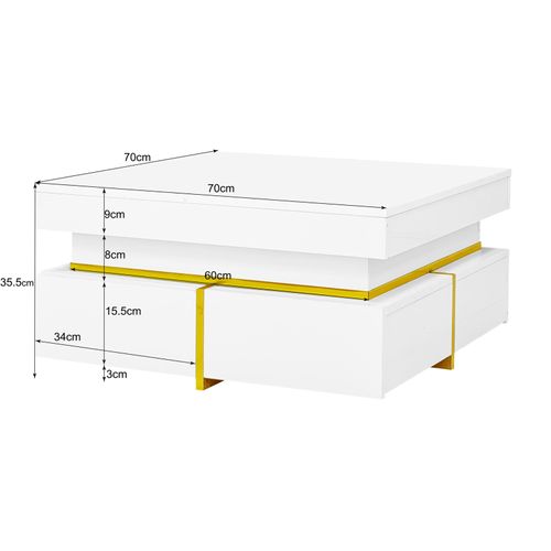 Table Basse Carrée Blanc Et Or, Table Basse De Salon Avec 2 Tiroirs, Avec Des Lignes Dorées En Bas
