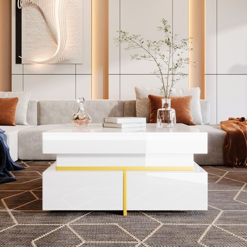 Table Basse Carrée Blanc Et Or, Table Basse De Salon Avec 2 Tiroirs, Avec Des Lignes Dorées En Bas