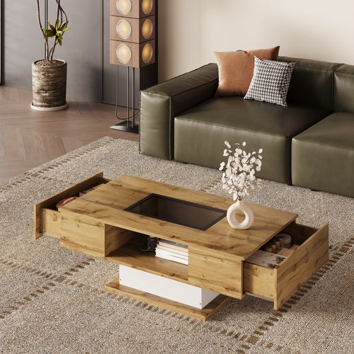 Table Basse Avec LED, Espace Ouvert Visible Sous Vitre, Rangement Avec Tiroirs Discrets