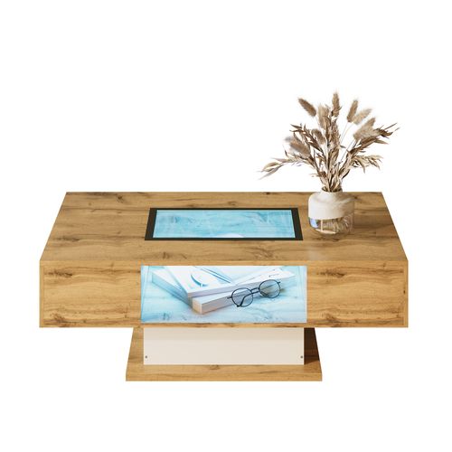 Table Basse Avec LED, Espace Ouvert Visible Sous Vitre, Rangement Avec Tiroirs Discrets