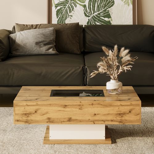 Table Basse Avec LED, Espace Ouvert Visible Sous Vitre, Rangement Avec Tiroirs Discrets