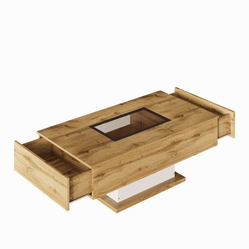 Table Basse Avec LED, Espace Ouvert Visible Sous Vitre, Rangement Avec Tiroirs Discrets