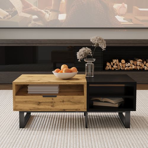 Table Basse Élégante Avec Structure En Blocs De Couleur, Compartiments Et Tiroirs, Pieds En Métal