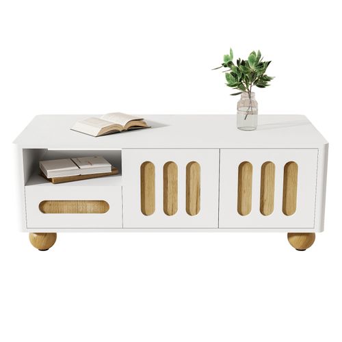 Table Basse Contemporaine - Avec 4 Portes, 2 Tiroirs Et Compartiment Ouvert, LED - Blanc