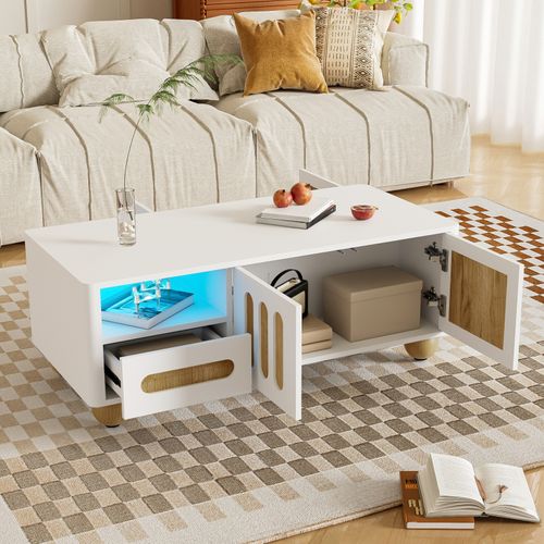 Table Basse Contemporaine - Avec 4 Portes, 2 Tiroirs Et Compartiment Ouvert, LED - Blanc