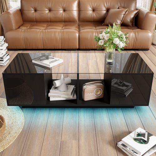 Table Basse Moderne Noir Avec LED, Avec Deux Portes De Placard Et Beaucoup D'espace De Rangement