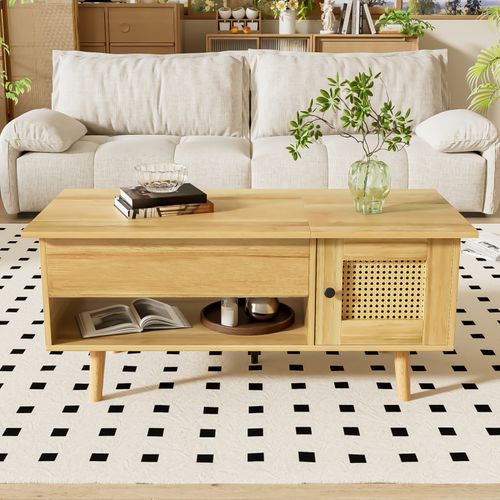 Table Basse Réglable En Hauteur - Compartiment De Rangement Caché - Avec Plateau Pliable - Bois