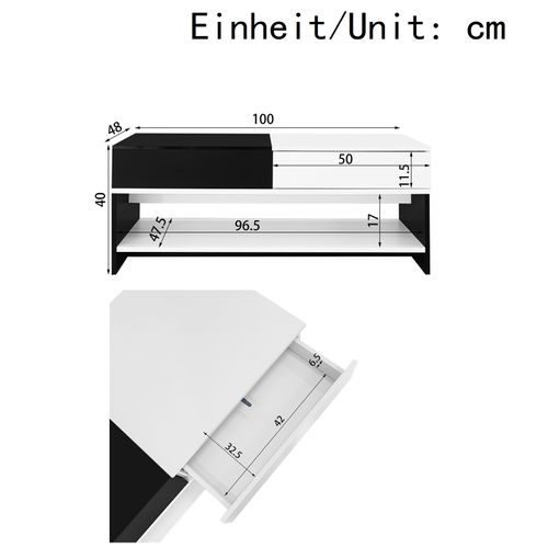 Table Basse Moderne Avec 2 Tiroirs, Table De Salon Design Blanc Et Noir, Table Basse En Bois