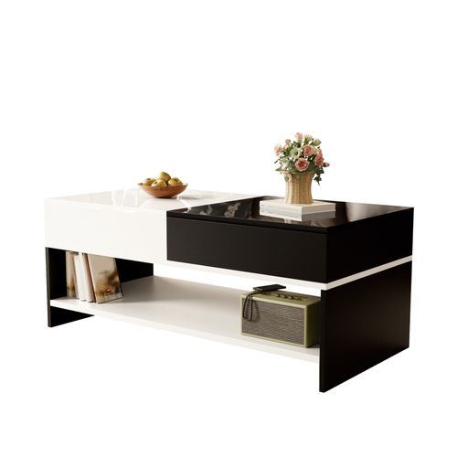 Table Basse Moderne Avec 2 Tiroirs, Table De Salon Design Blanc Et Noir, Table Basse En Bois