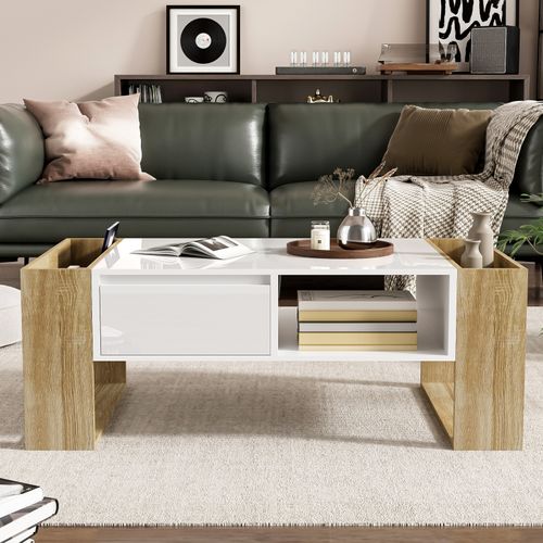 Table Basse Moderne - Partiellement Brillante, Avec Tiroirs Et Compartiments Ouverts