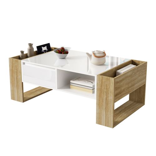 Table Basse Moderne - Partiellement Brillante, Avec Tiroirs Et Compartiments Ouverts