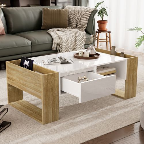 Table Basse Moderne - Partiellement Brillante, Avec Tiroirs Et Compartiments Ouverts