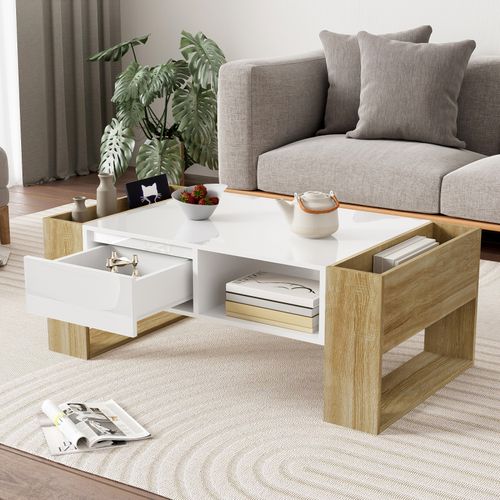 Table Basse Moderne - Partiellement Brillante, Avec Tiroirs Et Compartiments Ouverts