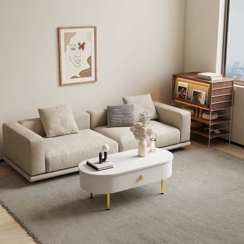 Table D'appoint Pour Salon Avec 2 Tiroir Rangement, Conception Anti-collision Incurvée, Blanc