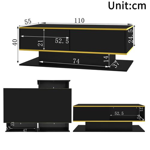 Table Basse LED Moderne, Bordure Dorée, Table Basse Noire Avec Trois Tiroirs