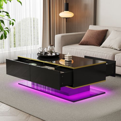 Table Basse LED Moderne, Bordure Dorée, Table Basse Noire Avec Trois Tiroirs