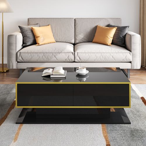 Table Basse LED Moderne, Bordure Dorée, Table Basse Noire Avec Trois Tiroirs