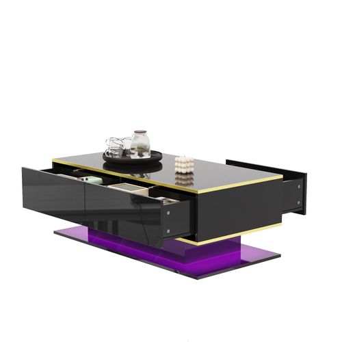 Table Basse LED Moderne, Bordure Dorée, Table Basse Noire Avec Trois Tiroirs