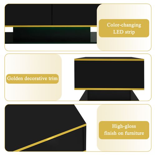 Table Basse LED Moderne, Bordure Dorée, Table Basse Noire Avec Trois Tiroirs