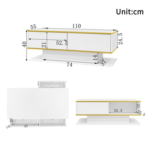 Table Basse LED Moderne, Bordure Dorée, Table Basse Blanc Avec Trois Tiroirs