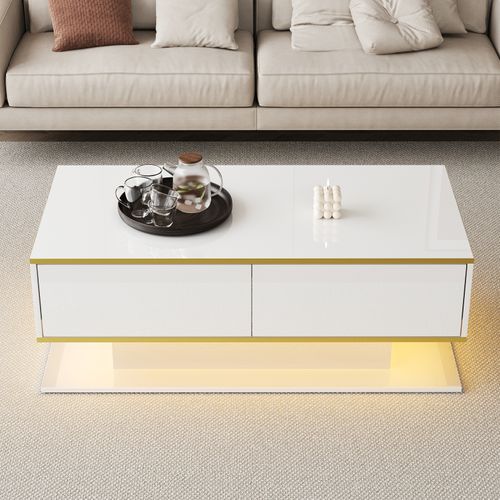 Table Basse LED Moderne, Bordure Dorée, Table Basse Blanc Avec Trois Tiroirs